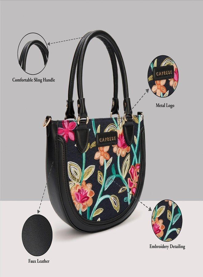 Caprese Elsa Medium Satchel Bag for Women with Adjustable & Detachable Strap | Elegant Embroidery Faux Leather Handbag | Multi-Compartment Crossbody Shoulder Bag for Special Occasions (Black) - Image 4